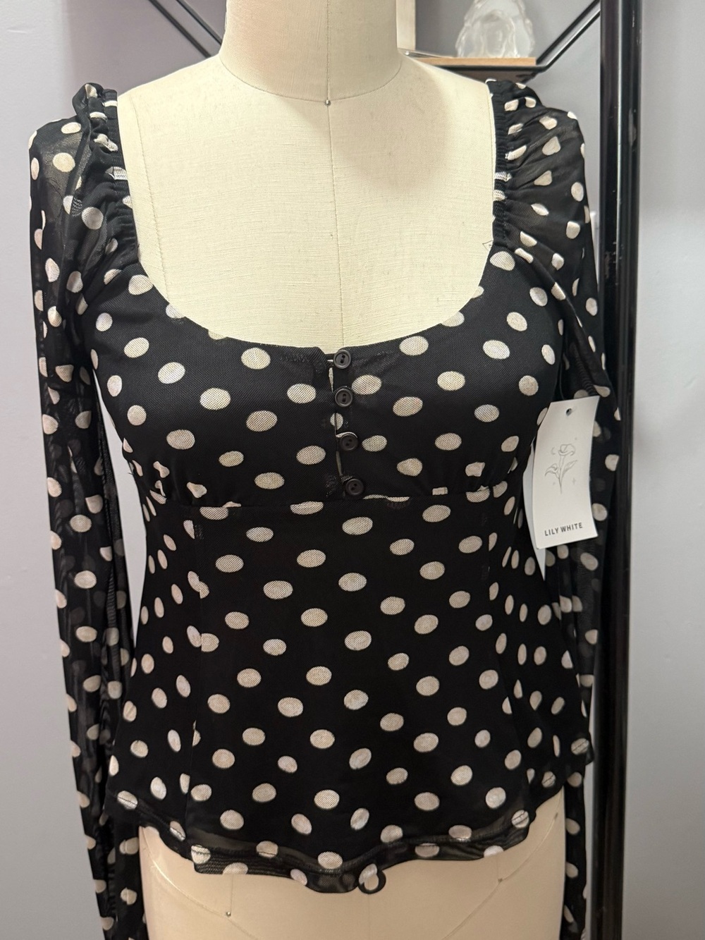 Lily White Black Mesh Polka Dot Long Sleeve Top - Picture 2 of 7